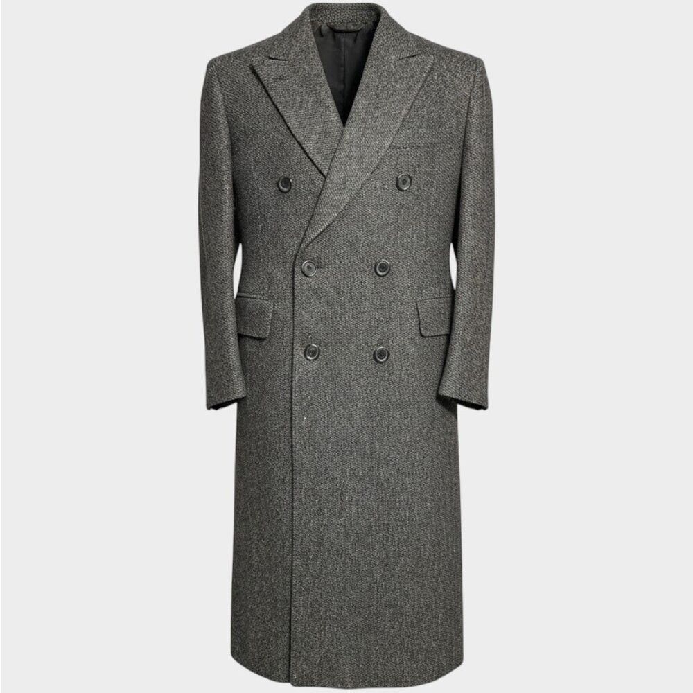 Double Breasted Vintage Mens Overcoat 38L TWEED WOOL Gray Coat Topcoat USA Made